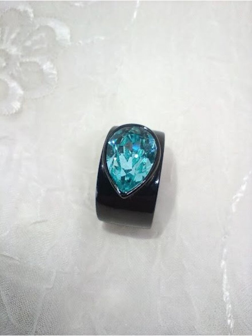 Black Stainless Steel Ring With Teardrop Blue Crystal Gemstone Ion-Plated Finish - Picture 2 of 6